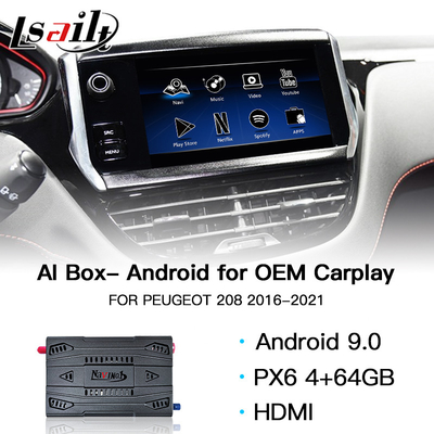 USB Carplay รถ AI กล่อง 4GB 64GB HDMI Android 9.0 สำหรับเปอโยต์ 208 GPS นำทาง