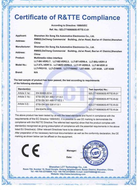 จีน Shenzhen Xinsongxia Automobile Electron Co.,Ltd รับรอง